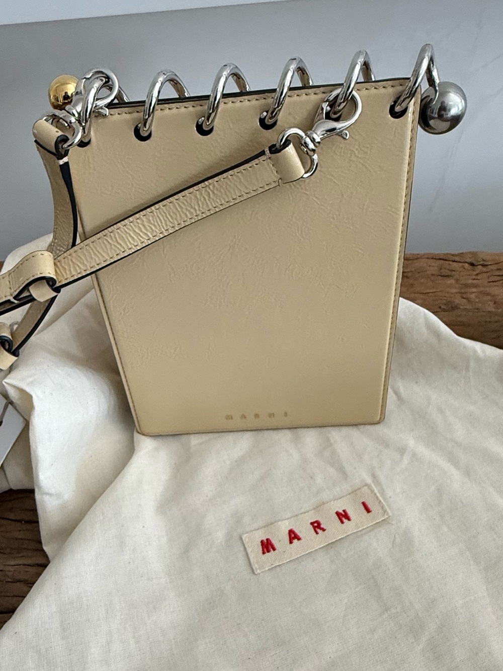 MARNI Cream Leather spiral top Shoulder Bag